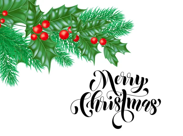 Merry Christmas wakacje ręcznie rysowane cytat kaligrafii z życzeniami tła szablonu. Wektor choinki lub holly wieniec ozdoba dla nowego roku sezon biały design premium — Wektor stockowy