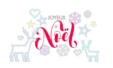 Joyeux Noel Fransız Merry Christmas hat dekorasyon tatil tebrik kartı tasarımı için yazı tipi ve nakış. Vektör Noel geyiği, kar tanesi yeni yıl dekorasyon desen beyaz zemin üzerine örme