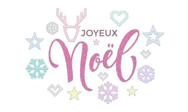 Joyeux Noel Fransız Merry Christmas hat dekorasyon tatil tebrik kartı tasarımı için yazı tipi ve nakış. Vektör Noel geyiği, kar tanesi yeni yıl dekorasyon desen beyaz zemin üzerine örme