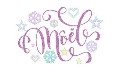 Joyeux Noel Fransız Merry Christmas örme hat yazı tipi ve dekorasyon tatil tebrik kartı tasarımı için. Vektör Noel geyiği, kar tanesi dekorasyon nakış deseni yeni yıl beyaz arka plan üzerinde