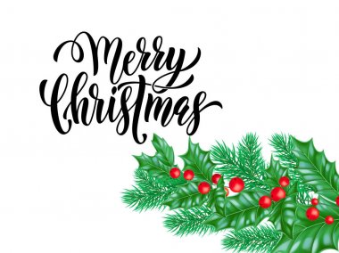 Neşeli Noel tatil el teklif hat tebrik kartı arka plan şablonu çekilmiş. Vektör Noel ağacı holly veya çam ve köknar dalı çelenk dekorasyon beyaz sigorta primi tasarımı