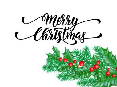 Neşeli Noel tatil el tebrik kartı arka plan şablonu yazı alıntı hat çekilmiş. Vektör Noel ağacı çam veya köknar ve holly çelenk dekorasyon beyaz sigorta primi tasarımı