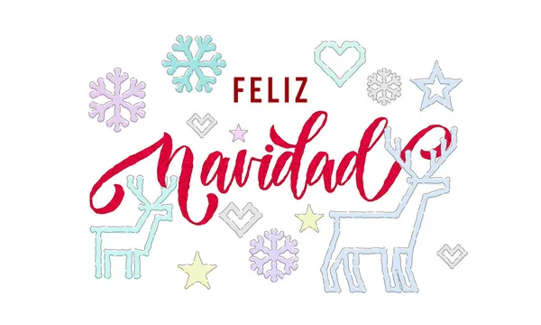 Feliz navidad spanische frohe Weihnachten Stickerei Schrift gestrickte Dekoration für Urlaub Grußkarte Design. Vektor Weihnachten Kalligraphie Text, Hirsch oder Schneeflocke Dekoration auf weißem Hintergrund Neujahr — Stockvektor