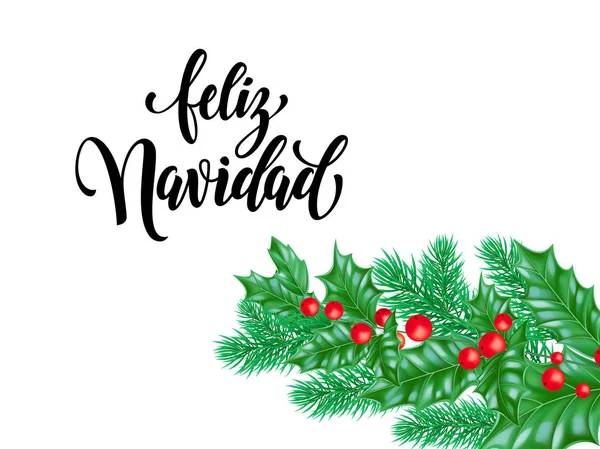 Feliz Navidad hiszpański Merry Christmas wakacje ręcznie rysowane cytat kaligrafia napis szablon tło karty z pozdrowieniami. Wektor choinki sosna jodła i holly wieniec dekoracji biały design premium — Wektor stockowy