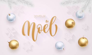 Joyeux Noel Fransız Merry Christmas altın dekorasyon, el çizilen hat altın yazı tipi beyaz Festival arka planda davet için. Vektör Noel ve yeni yıl tatil yıldız parlak konfeti dekorasyon