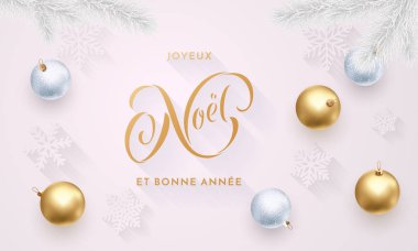 Joyeux Noel ve Bonne Annee Fransızca neşeli Noel ve mutlu yeni yıl altın dekorasyon, hat altın yazı tebrik kartı için arka plan beyaz. Vektör Noel tatil parlak yıldız konfeti