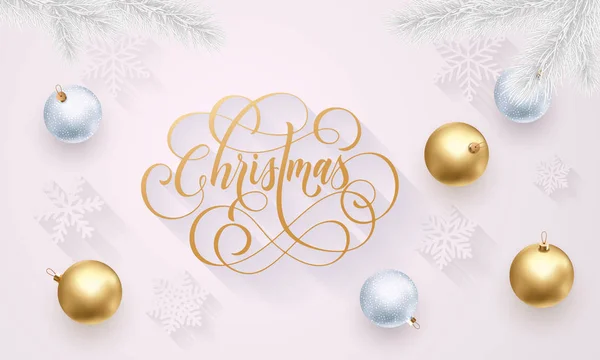 Merry Christmas holiday golden decoration, gold hand drawn calligraphy font for greeting card on white background. Vector Christmas or New Year golden shiny confetti for Xmas decoration design