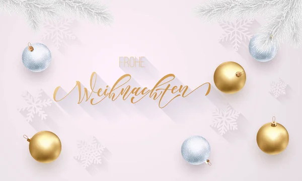 Frohe Weihnachten German Joyeux Noël décoration dorée, police de calligraphie dorée dessinée à la main pour fond blanc carte de vœux. Vecteur Noël, Nouvel An or étoile brillant confettis décoration de vacances — Image vectorielle