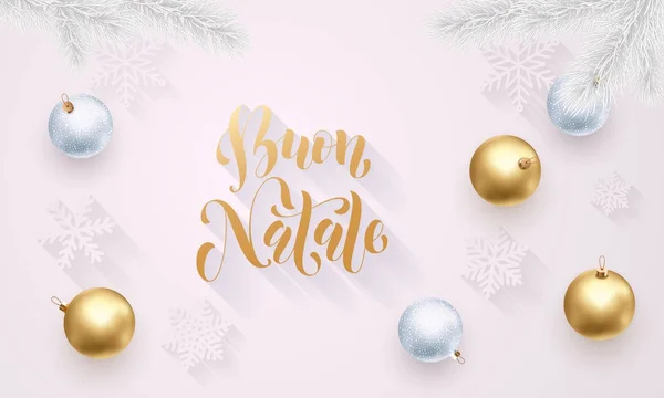 Buon Natale Italiano Feliz Natal decoração dourada, mão desenhada caligrafia ouro fonte para cartão de saudação fundo branco. Vetor de Natal ou Ano Novo estrela de ouro confete brilhante para decoração de férias — Vetor de Stock