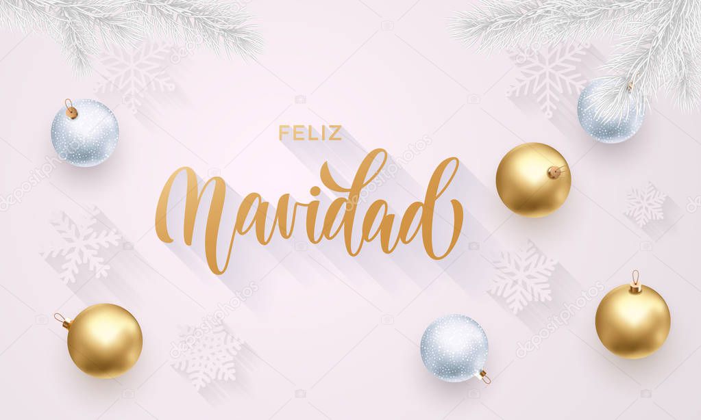 Feliz Navidad Spanish Merry Christmas holiday golden decoration, gold hand drawn calligraphy font for greeting card white background. Vector Christmas or New Year golden shiny Xmas decoration confetti