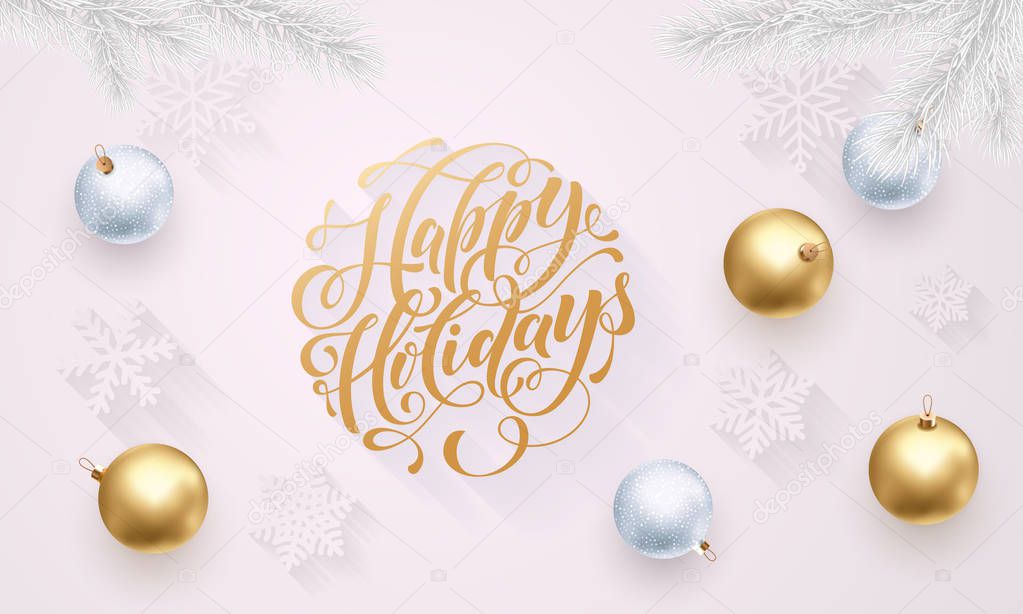 Happy Holidays golden decoration, hand drawn gold calligraphy font for greeting card white background. Vector Christmas or New Year gold star shiny confetti for winter holiday premium Xmas decoration