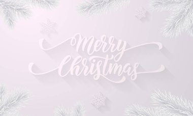 Merry Christmas donmuş buz el hat yazı tipini tebrik kartı ve kar taneleri için kar beyaz arka plan üzerinde çizilmiş. Vektör Noel ve yeni yıl kış tatil sigorta primi buzlu köknar şube dekorasyon