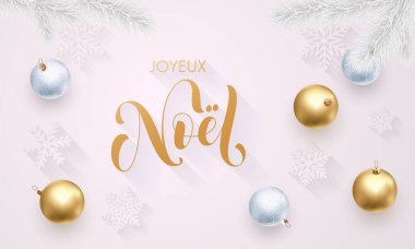 Joyeux Noel Fransız Merry Christmas altın dekorasyon, tebrik kartı beyaz arka plan için elle çizilmiş altın hat yazı tipi. Vektör Noel ve yeni yıl altın yıldızlı tatil dekorasyon için parlak konfeti