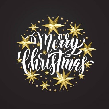 Neşeli Noel altın dekorasyon, davet veya tebrik kartı beyaz arka plan üzerinde için el çizilen hat yazı tipi. Vektör Noel ve yeni yıl kış tatil altın yıldız ve kar tanesi parlak dekorasyon