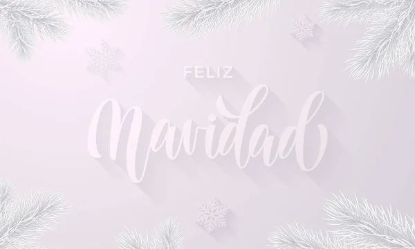 Feliz Navidad Spanish Merry Christmas holiday snowflake decoration on white snow frost background. Vektor membekukan font kaligrafi es dan cabang cemara es untuk kartu ucapan Natal atau Tahun Baru - Stok Vektor