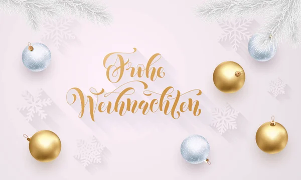 Frohe Weihnachten alemán Feliz Navidad decoración dorada, caligrafía dibujada a mano fuente dorada sobre fondo festivo blanco. Vector Navidad o Año Nuevo estrella de vacaciones decoración confeti brillante — Vector de stock