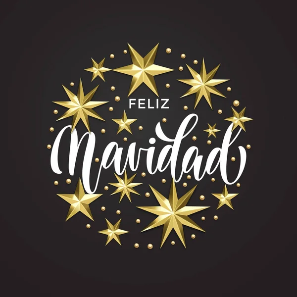 Feliz Navidad Spanish Merry Christmas golden star decoración y caligrafía fuente de la tarjeta de felicitación de invitación navideña de Navidad. Vector de Navidad, Año Nuevo oro brillante brillante decoración fondo blanco — Vector de stock