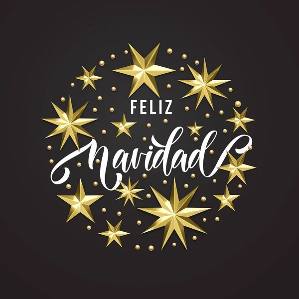 Feliz Navidad Spanish Merry Christmas Golden Star decoración, caligrafía fuente para invitación Tarjeta de felicitación de Navidad. Vector Navidad o Año Nuevo vacaciones oro copo de nieve brillante decoración fondo blanco — Vector de stock