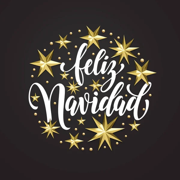 Feliz Navidad Spanish Merry Christmas decoración dorada, fuente de caligrafía para invitación o tarjeta de felicitación fondo blanco. Vector Navidad o Año Nuevo vacaciones de invierno estrella de oro decoración de copo de nieve — Vector de stock