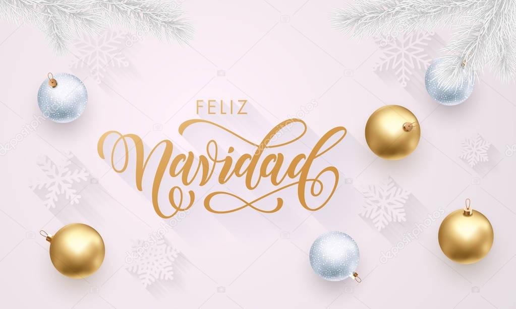 Feliz Navidad Spanish Merry Christmas golden decoration, hand drawn gold calligraphy font for greeting card white background. Vector Christmas or New Year holiday gold star shiny confetti decoration