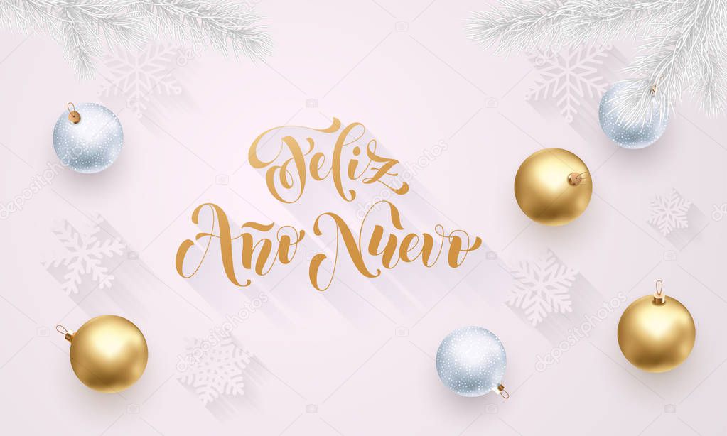 Feliz Anno Nuevo Spanish Happy New Year golden decoration, hand drawn gold calligraphy font for greeting card white background. Vector Christmas or Xmas holiday gold star shiny confetti decoration