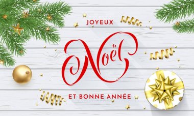 Joyeux Noel ve Bonne Annee Fransızca neşeli Noel ve mutlu yeni yıl altın dekorasyon, tebrik kartı hat yazı tipi beyaz arka plan üzerinde. Vektör Noel ağacı hediye tatil altın parlak konfeti