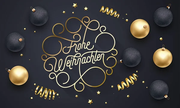 Frohe Weihnachten allemand Joyeux Noël florissent calligraphie dorée lettrage de swash or typographie conception de carte de vœux. Décoration vectorielle dorée et texte de Noël sur fond noir de vacances — Image vectorielle