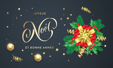 Joyeux Noel ve Bonne Annee Fransız Merry Christmas yeni yıl altın dekorasyon ve altın yazı tipi hat tebrik kartı tasarımı. Vektör Noel ağacı süsle, tatil konfeti siyah arka plan üzerine
