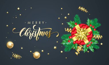 Neşeli Noel altın dekorasyon ve altın yazı tipi hat tebrik kartı tasarımı. Vektör Noel ağacı holly çelenk dekorasyon, yeni yıl kırmızı tatil hediye ve siyah sigorta primi zemin üzerine konfeti
