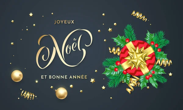 Joyeux Noel y Bonne Annee French Feliz Navidad Año Nuevo decoración dorada y oro fuente caligrafía diseño de tarjetas de felicitación. Decoración vectorial del árbol de Navidad, confeti navideño sobre fondo negro — Vector de stock