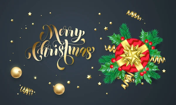 Feliz Navidad decoración dorada y oro fuente caligrafía diseño de tarjetas de felicitación. Vector caja de regalo de Navidad en la decoración de la corona del árbol para las vacaciones de Año Nuevo negro estrellas brillantes premium confeti fondo — Vector de stock