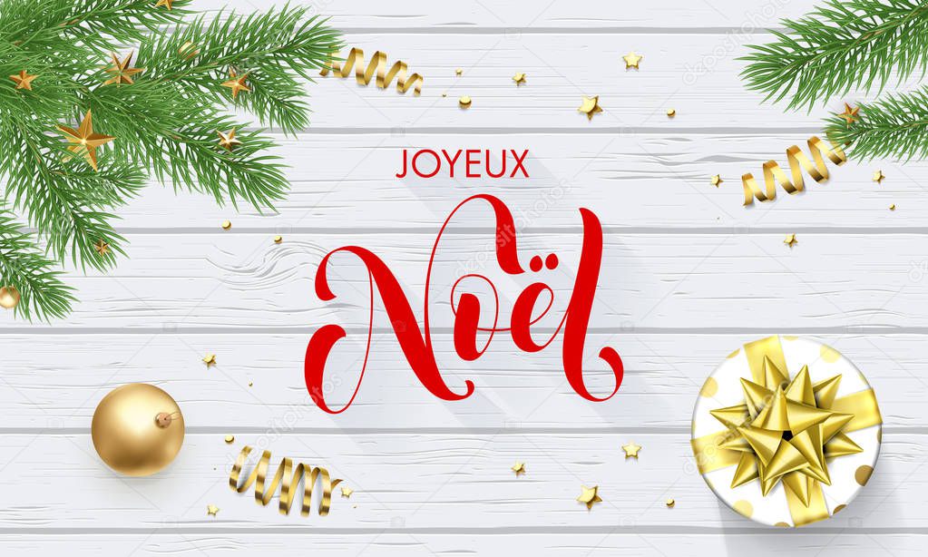 Joyeux Noel French Merry Christmas holiday golden decoration and calligraphy font for greeting card white wooden background. Vector Christmas or New Year golden shiny gift for Xmas decoration design