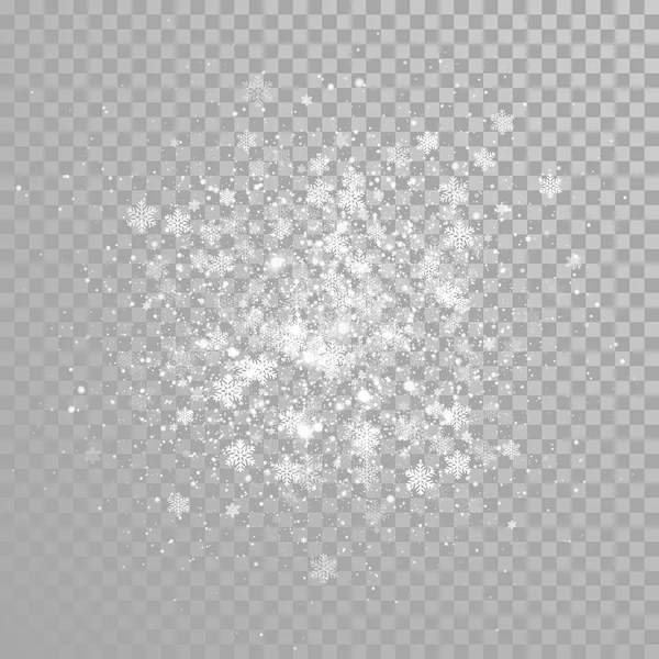 Nieve de Navidad cayendo o espumantes copos de nieve brillo confeti fuegos artificiales sobre fondo blanco transparente. Vector invierno vacaciones nevadas brilla luz para el año nuevo brillante efecto de superposición de diseño mágico — Archivo Imágenes Vectoriales