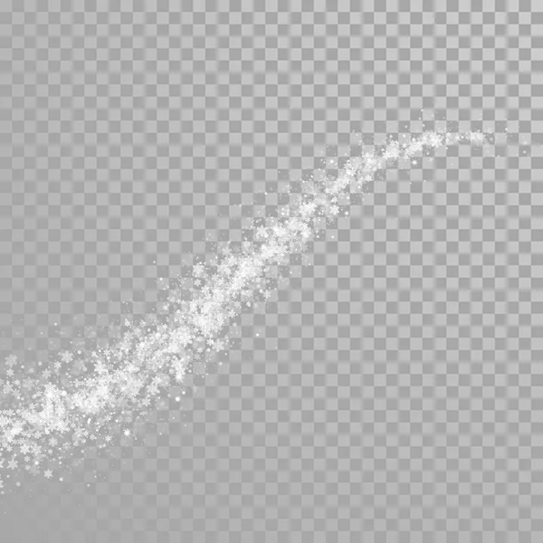 Різдвяні ігристі сніжинки хвіст блискучих частинок снігу з мерехтливим світловим ефектом на білому прозорому тлі. Векторні зимові святкові голуби вихор слідують магічним сяючим конфетті — стоковий вектор