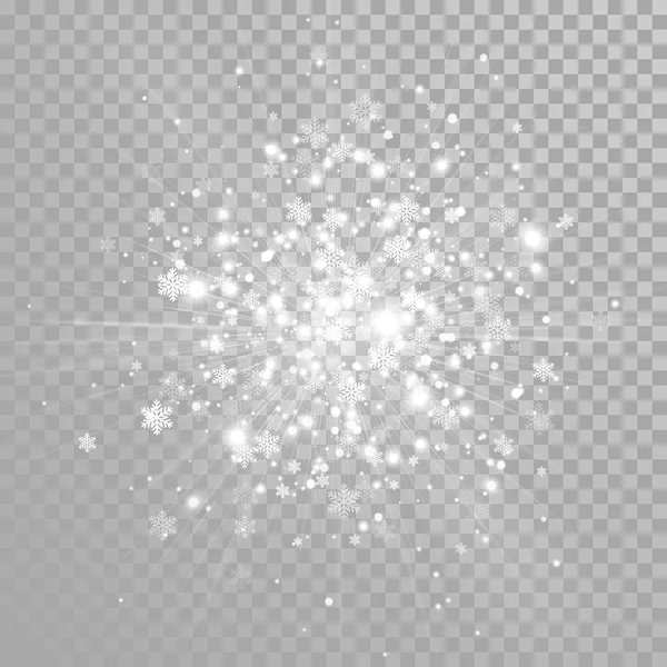 Navidad nieve brillante y confeti copos de nieve brillante sobre fondo blanco transparente. Efecto de luz de fuegos artificiales brillante de vacaciones de invierno vectorial para el diseño mágico brillante festivo de Año Nuevo — Vector de stock