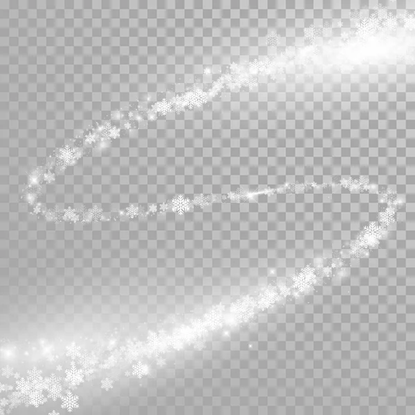 Trilha de brilho de flocos de neve de Natal com efeito de luz cintilante redemoinho no fundo transparente branco. Férias de inverno vetorial nevasca faíscas de partículas mágicas brilhantes para o projeto brilhante de Ano Novo —  Vetores de Stock