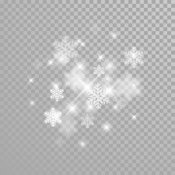 Fiocchi di neve natalizi brillano con effetto luce scintillante su sfondo bianco trasparente. Vettore vacanze invernali neve scintille di scintillanti fuochi d'artificio coriandoli per il nuovo anno incandescente design festivo — Vettoriale Stock