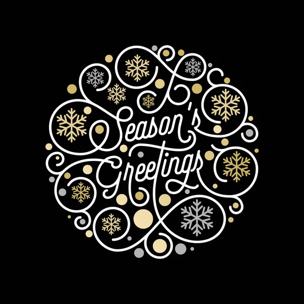 Temporada Saludos caligrafía letras y patrón de copo de nieve de oro sobre fondo blanco para el diseño de tarjetas de felicitación de Navidad. Vector de oro Año Nuevo florecer swash texto de vacaciones decoración de Navidad — Vector de stock