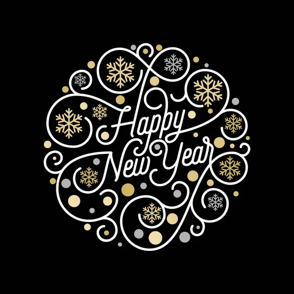 Gott nytt år kalligrafi bokstäver och gyllene snowflake mönster på vit bakgrund för Xmas gratulationskort design. Vector gyllene blomstra swash holiday text juldekoration — Stock vektor