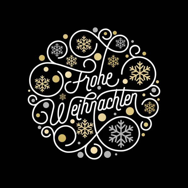 Frohe Weihnachten tedesco Buon Natale calligrafia lettering e motivo fiocco di neve dorato su sfondo bianco per il disegno biglietto di auguri. Vettore d'oro Natale fiorire swash decorazione del testo vacanza — Vettoriale Stock