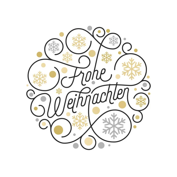 Frohe weihnachten kalligraphischer Schriftzug und goldenes Schneeflockenmuster auf weißem Hintergrund für Grußkartendesign. Vektor goldene Weihnachten blühen Tauchbad Urlaub Text Dekoration — Stockvektor
