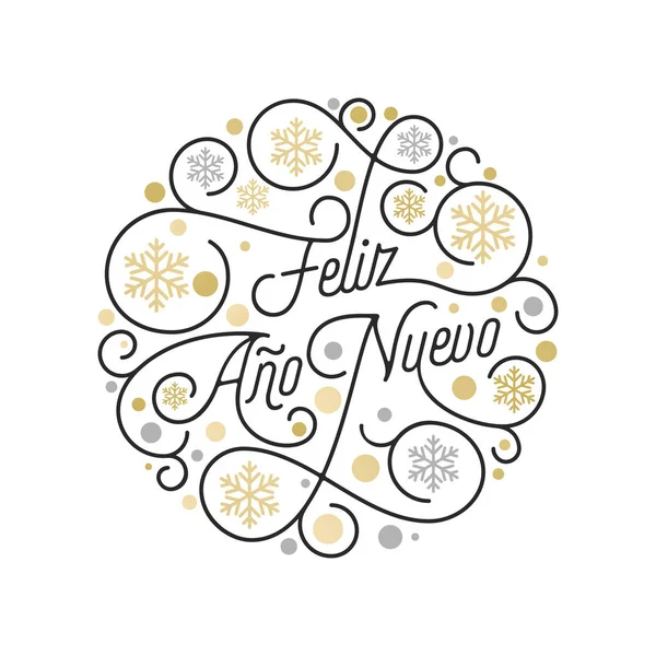 Feliz Ano Nuevo spanska Happy nytt år Navidad kalligrafi bokstäver och gyllene snowflake mönster på vit bakgrund för gratulationskort design. Vector gyllene jul blomstra swash holiday text — Stock vektor