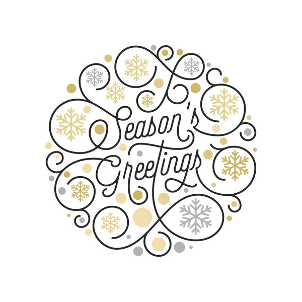 Temporada Saludos caligrafía letras y patrón de copo de nieve de oro sobre fondo blanco para el diseño de tarjetas de felicitación de Navidad. Vector de oro Año Nuevo florecer swash texto de vacaciones decoración de Navidad — Vector de stock