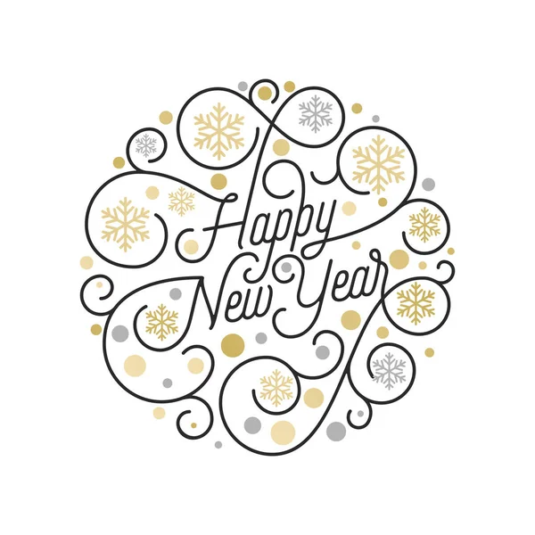 Feliz Ano Novo caligrafia lettering e padrão de floco de neve dourado no fundo branco para Xmas cartão de saudação design. Vetor dourado Natal florescer swash feriado decoração de texto — Vetor de Stock