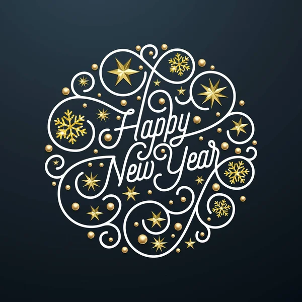 Szczęśliwego nowego roku kaligrafia napis i złoty śnieżynka star wzór dekoracji na czarnym tle na Boże Narodzenie kartki projekt. Wektor złoty sparkling Boże Narodzenie rozkwitać pluskać wakacje tekst — Wektor stockowy