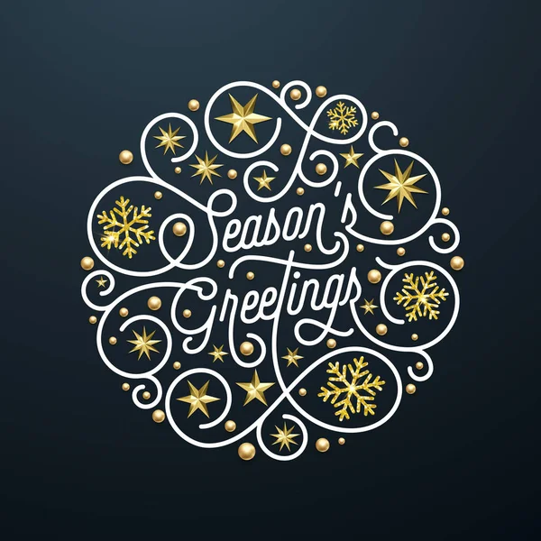 Season Greetings calligraphy lettering and golden snowflake star pattern decoration on black background for Christmas greeting card design. Vector golden sparkling New Year flourish Xmas holiday text — Stock Vector