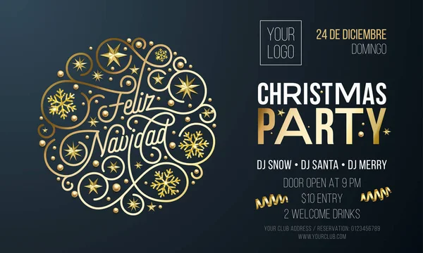 Invitación a fiestas navideñas para la plantilla de diseño de celebración navideña. Volante de invitación de fiesta corporativa Vector Año Nuevo o Navidad de decoración de copo de nieve de oro sobre fondo negro — Archivo Imágenes Vectoriales