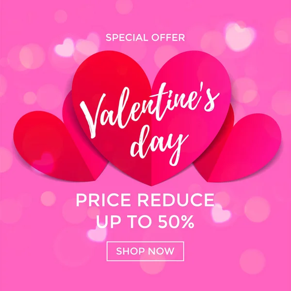 Valentine Day sale poster or banner of red paper hearts design template. Vector red pink bokeh light or blurred background for Valentines fashion shopping season sale discount offer price background — Stock Vector