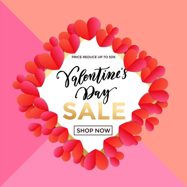 Valentine Day sale banner or poster design template. Vector golden glitter text and heart pattern on pink background for Valentines fashion sale shopping season discount offer price reduced background — Stock Vector