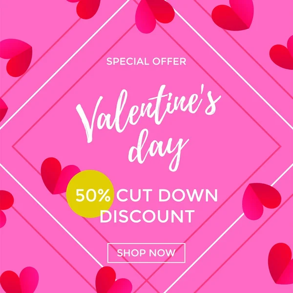 Valentine Day sale of red paper hearts pattern on pink frame background and discount calligraphy text design template. Vector poster or banner of hearts background for Valentines fashion shopping sale — Stock Vector